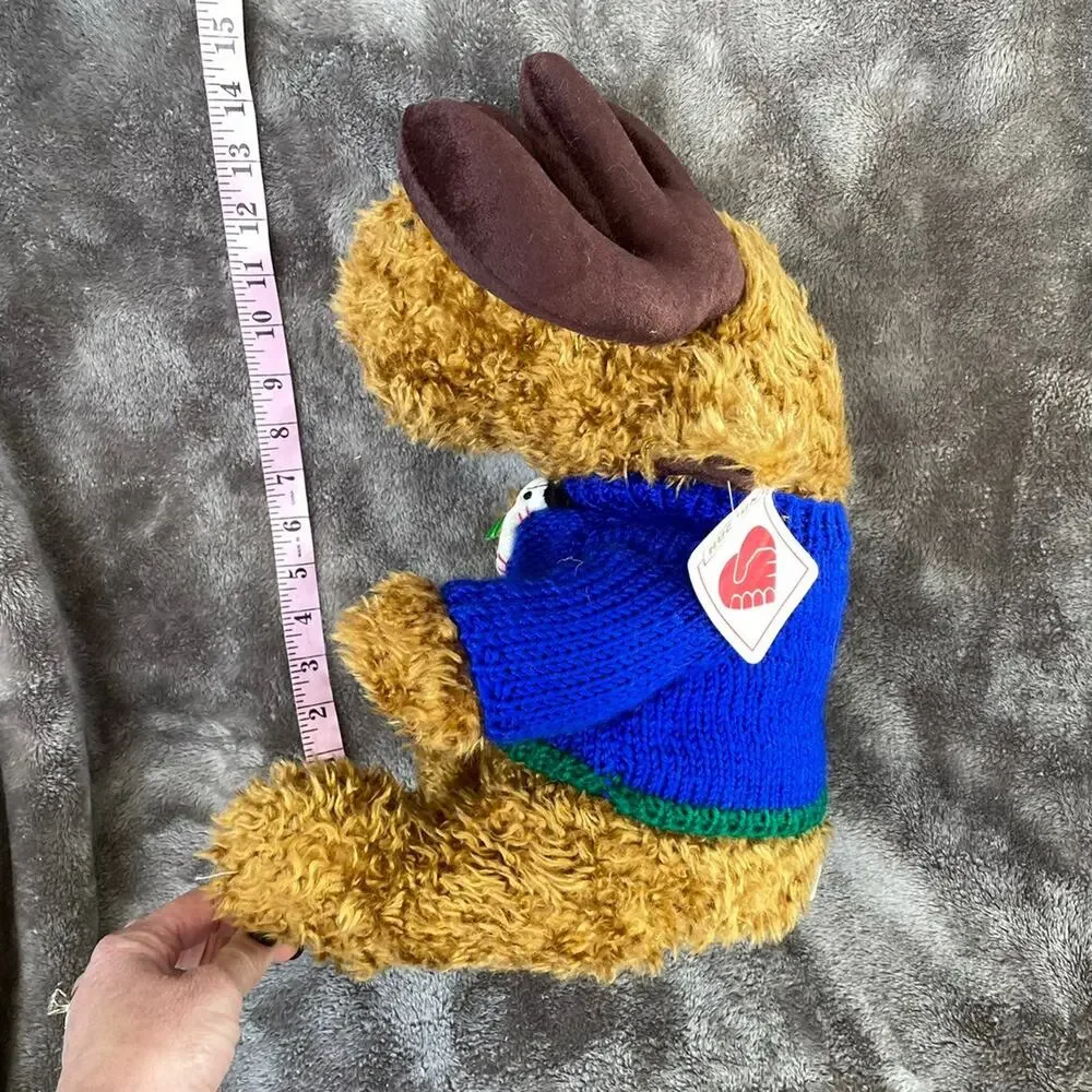 Vintage Reindeer Plush Moose Brown Curly Hair Blue Sweater 15” HugFun Toy TAGS